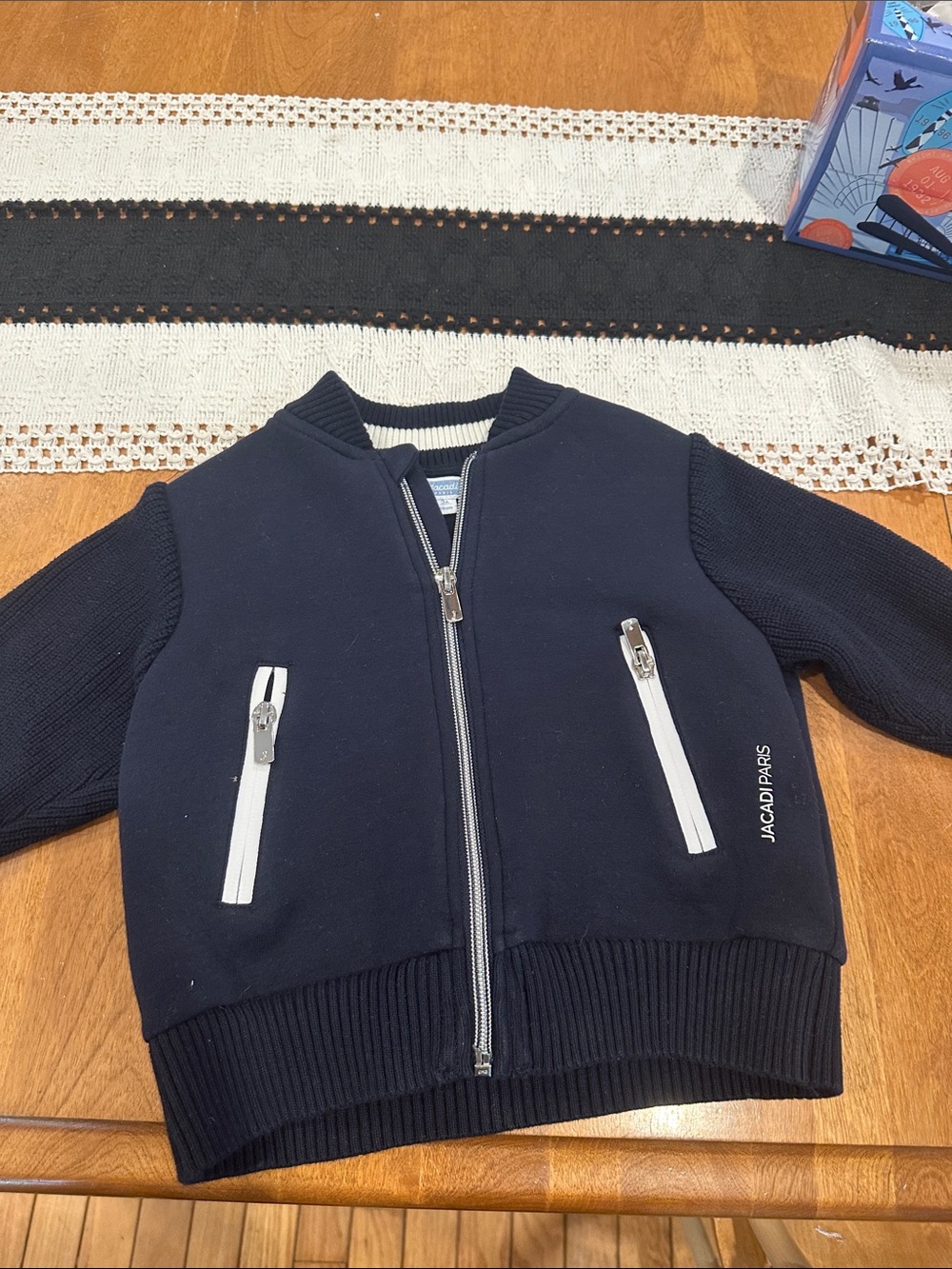 Jacadi Navy Blue Kids Zip Bomber Jacket with White Accents